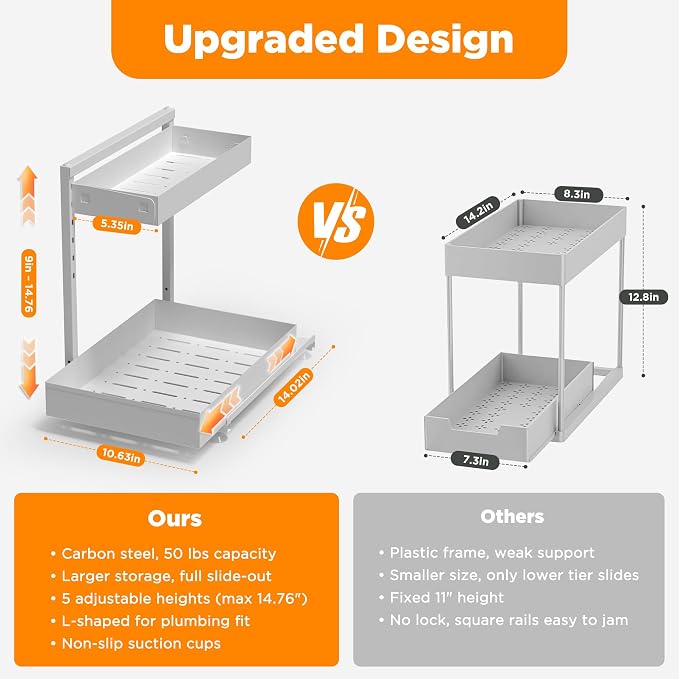 TATAANTY Under Sink Organizer 2 Pack, 2 Tier Metal Under the Sink Storage, Heavy Duty Slide out Pull out Cabinet Organizer, Height Adjustable for Kitchen Bathroom Pantry Closet Organization Rack