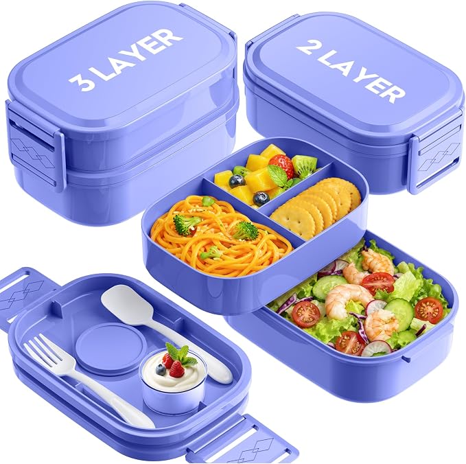 Bento Lunch Box, 65 oz 3-Tier Stackable Lunch Container, Adjustable 2/3 Tier Design, BPA-Free Food-Grade Plastic, Leakproof, Microwave & Dishwasher Safe, Macaron