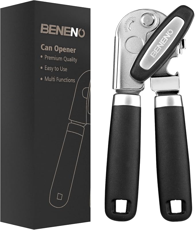 Beneno Heavy Duty Hand Can Opener Manual with Magnet Lid Remover, Black | Razor-Sharp Carbon Steel Blade, Precise Smooth Cutting Gear, Big Effort-Saving Knob, Soft Grip Handle, Built-in Bottle Opener