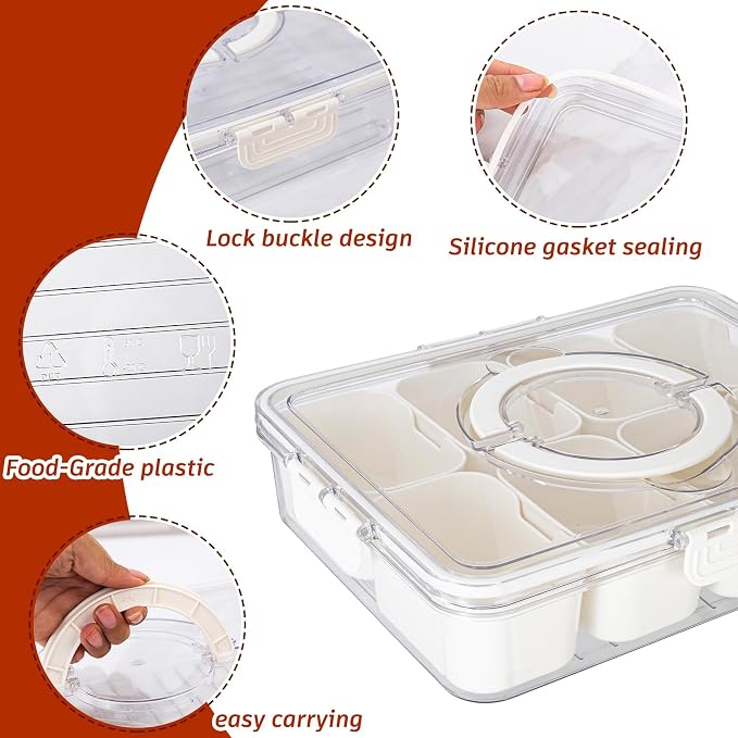 Dingerjar Divided Serving Tray with Lid and Handle - Divided Snack Tray for Portable Snack Platters - Clear Organizer for Candy, Fruits, Nuts, Snacks - Perfect for Party, Entertaining，2 pcs