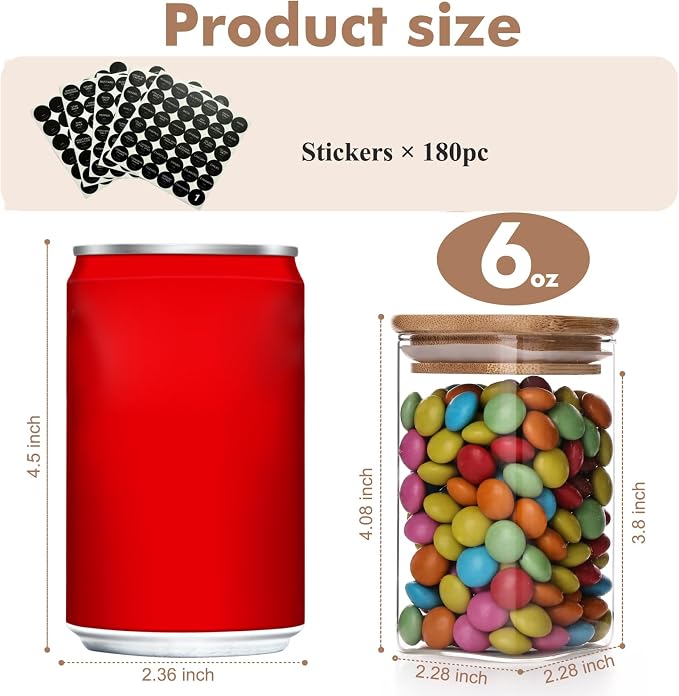 6oz Glass Spice Jars with Bamboo Lid and Label, 12 Pack Square Glass Container, Small Food Storage Containers for Kitchen, Clear Empty Seasoning Jar for Sugar, Salt, Coffee Bean, Herb, Borosilicate
