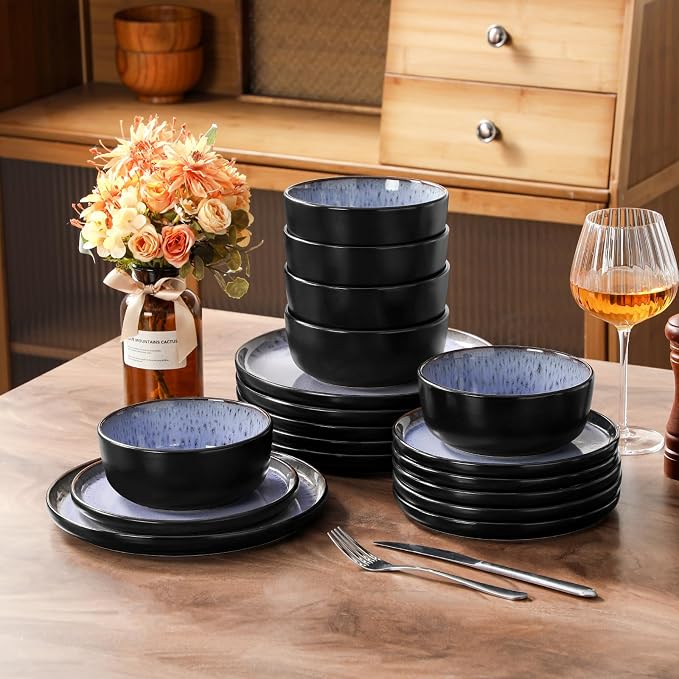 vancasso Plates and Bowls Sets, 24 Pieces Stoneware Dinnerware Sets for 8, Kitchen Dish Set Mircowave and Dishwasher Safe Ceramic Dishware, Purple, Series AMBER