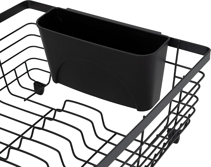 Kitchen Details Flat Wire Countertop or Over The Sink Dish Drying Rack with Cutlery Basket | Holds up 10 Dishes | Mugs | Kitchen Accessories | Black