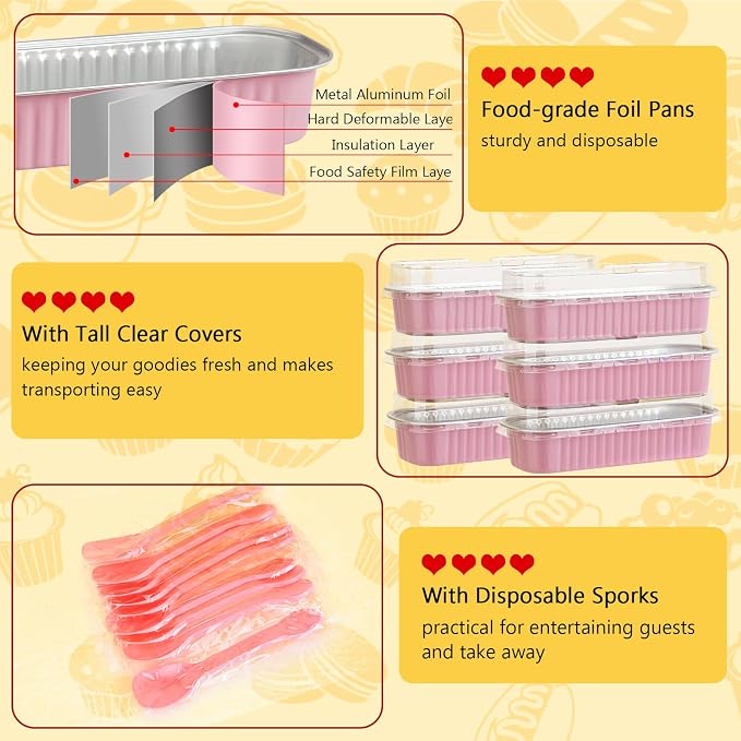 LNYZQUS Mini Loaf Pans with Lids, 6.8oz Cake Tins for Baking | 25 Pack, Rectangle, Pink, Disposable Aluminum Foil Dessert Cups, Individual Take-out Containers for Small Bake Gifts