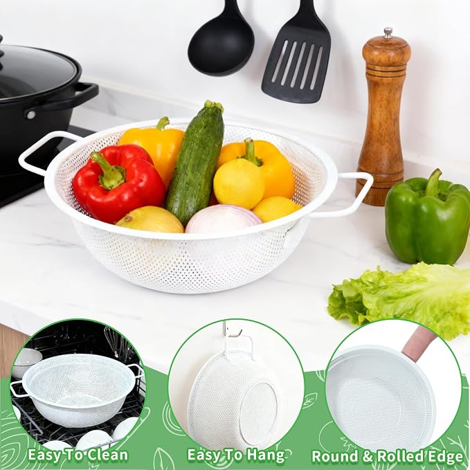 White Stainless Steel Colander Set of 3, Micro-Perforated Metal Kitchen Strainer Set with Handles & Feet for Draining Pasta, Rice, Vegetables - Heavy Duty Decorative Colanders (2, 3, 5 Quart)