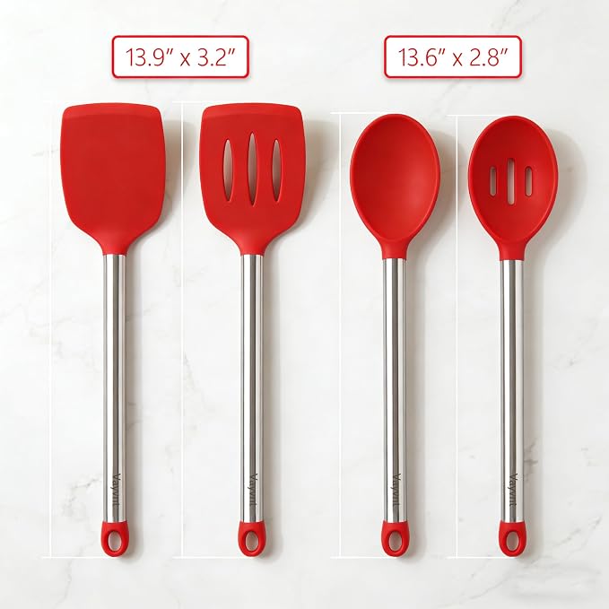 Vayvnt 4 Pieces Kitchen Spatula Set, Heat Resistant Silicone Utensils, Red | Large Size Kitchen Tools, For Nonstick Cookware, Spoons and Turners, Stainless Steel Handle, Easy Cleaning, Dishwasher Safe