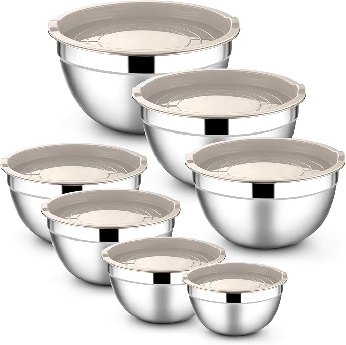 E-far Stainless Steel Mixing Bowls with Lids, 7-Piece Metal Mixing Bowls with Khaki Airtight Lids for Baking/Cooking/Prepping, Size 7, 4.6, 3, 2, 1.5, 1, 0.7QT, Nesting Design & Easy Storage