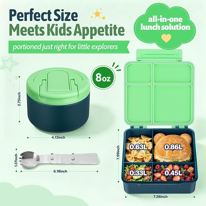 Bento Lunch Box Set for Kids with 8 oz Soup Thermo, Leakproof Hot Food Container with 4 Compartments, Insulated Food Jar for Toddler Daycare Boys Girls School - Green
