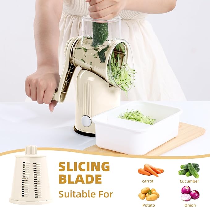 Rotary Cheese Grater with Handle, 5 Replaceable Blades(White) | Strong Suction Base, Round Food Slicer & Chopper for Kitchen Fruit Vegetables Nuts with Blade Storage Box