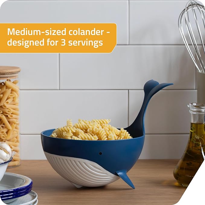 Peleg Design Pastail Medium Pasta Colander – Fun Whale-Shaped Plastic Colander for Draining Pasta, Vegetables, and Fruit. Fun kitchen gadgets. Cute kitchen gift.