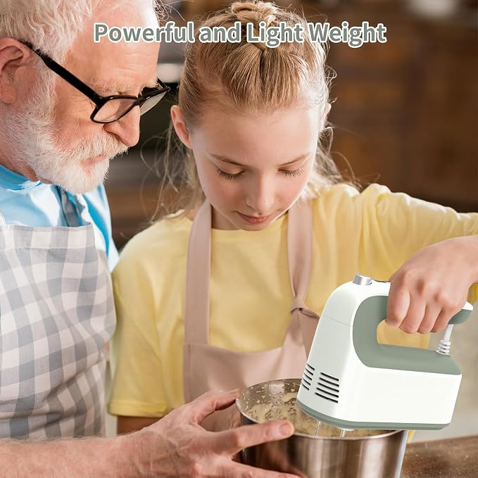 Yomelo 9-Speed Digital Hand Mixer Electric, 400W Powerful DC Motor, Hand Mixer Electric Handheld with Snap-On Storage Case, 5 Stainless Steel Accessories, Beaters, Dough Hooks, Whisk(Light Green)