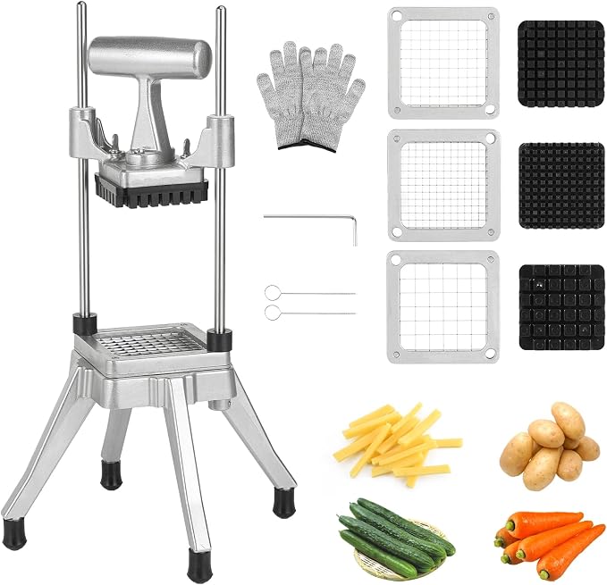 Commercial Vegetable Chopper & French Fry Cutter, 3-Blade Dicer | 1/4", 3/8" & 1/2" blades, aluminum alloy frame, 420 stainless steel cutters, non-slip feet for stability, fast uniform prep