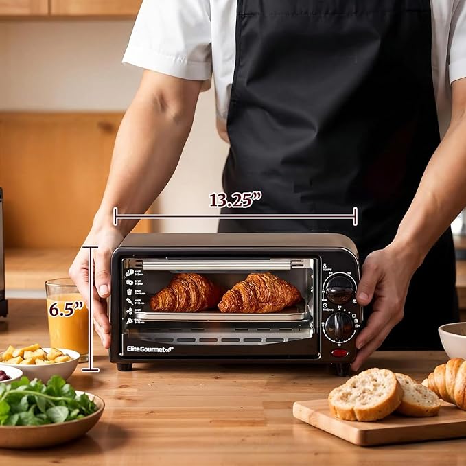 Elite Gourmet ETO236 Compact 2-Slice Toaster Oven, 15-Min Timer, Black | Bake, Broil, Toast & Adjustable Temperature, Countertop Design - fits small kitchens, dorms and RVs