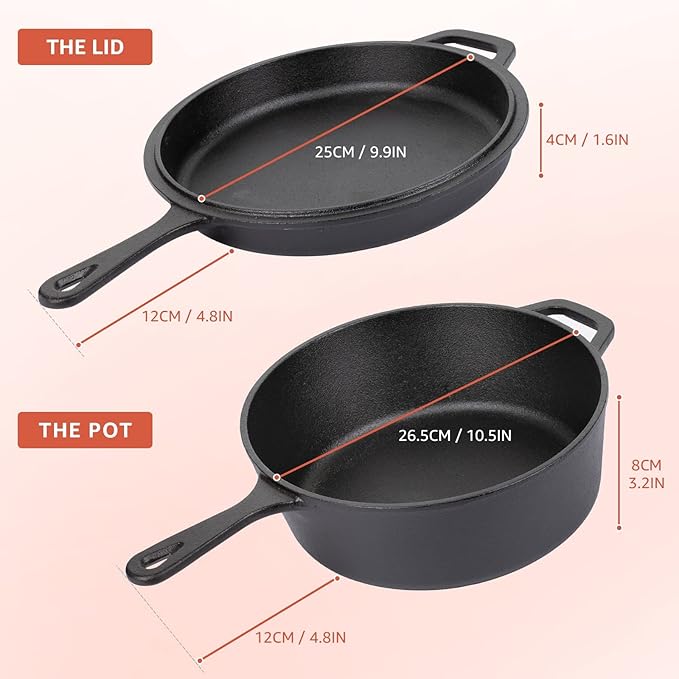 Overmont 2-in-1 Cast Iron Dutch Oven - 3.2QT Deep Pot with Lid Recipe | 10.5" Cast Iron Skillet with Frying Pan, Pre-seasoned Dutch Oven Multi Cooker, Oven Safe Cookware for Grill Camping Stewing