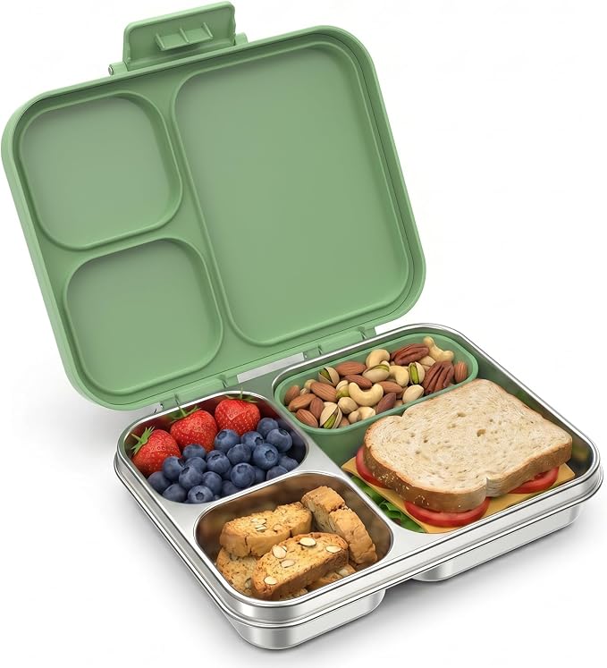 LOHASOK Stainless Steel Lunch Box, 34oz/1000ml, Green | 3-Compartment, Metal Bento Container, Leak Proof, Plastic Lid, for Kids Adults, BPA/BPS Free, Dishwasher Safe