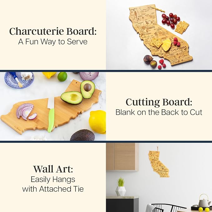 Totally Bamboo Destination California State Shaped Cutting Board | State charcuterie serving board with engraved map artwork. Smooth reverse side for food prep. Hang tie for wall display.