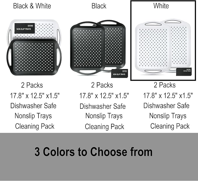 Large Anti-Slip Serving Tray with Handles, 17.8" x 12.5", White | Dual Rubber Grippy Lap Food Trays for Eating, Dinning, Breakfast, on Couch/TV, Set of 2