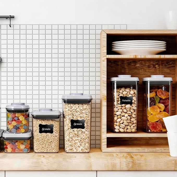 Pop Push Button Airtight Food Storage Containers 6 Set | 4 Sizes: 0.65/0.7/1.8/2.4Qt, BPA-Free Clear Canisters for Pantry, Pasta, Snacks, Coffee, Pet Food, Fridge
