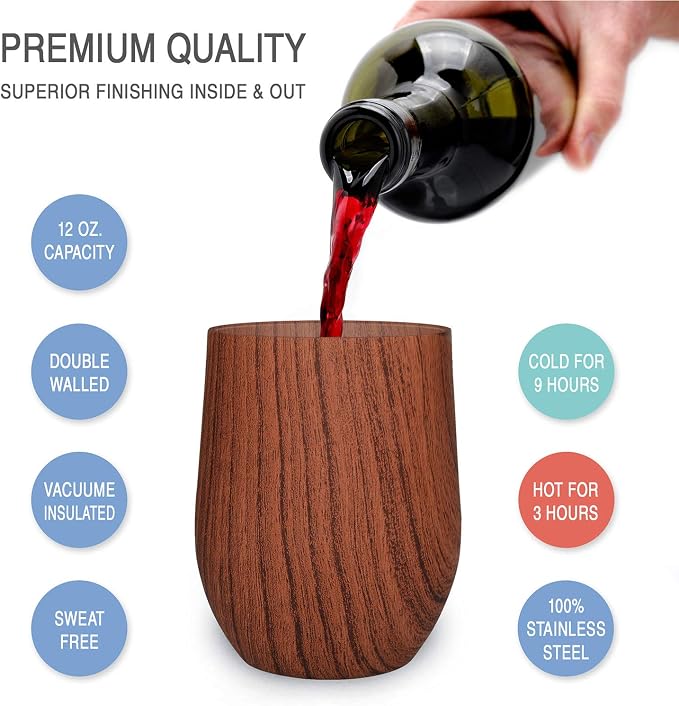 CHILLOUT LIFE 12 oz Stainless Steel Wine Tumblers 2 Pack - Double Wall Vacuum Insulated Wine Glasses Cups with Lids and Straws Set Keeping Cold & Hot for Coffee, Beer, Ice Cream - Wood Pattern