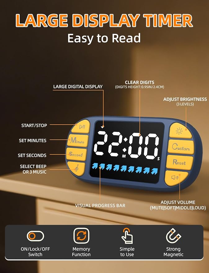 Digital Kitchen Visual Timer: 3.6'' Large LED Display, Magnetic, 3 Brightness, 4 Alarms and Volume, Memory Function, Countdown Count up for Cooking, Classroom, Home Gym, AAA Battery Included