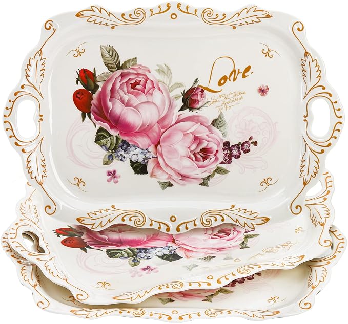 3-Pack Melamine Serving Tray, Stackable Food Tray with Handles for Eating, Unbreakable Large Serving Platter with Floral Print for Gift, Party, Decor, Home, Restaurant, 16"L x 11"W, Rectangle