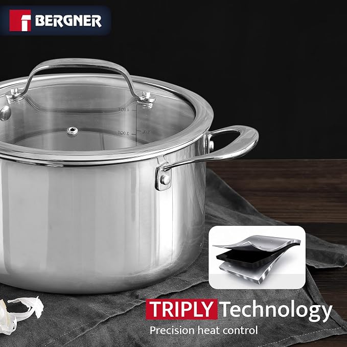 Bergner Argent Collection 4.5 Quart Tri-Ply Stainless Steel Dutch Oven with Tempered Glass Lid - Even Heat Distribution, Riveted Stay-Cool Handle, Induction Compatible, Dishwasher Safe