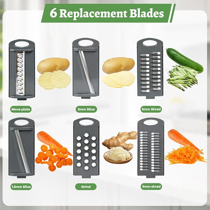 6-in-1 Mandoline Slicer for Kitchen, Multi Blade Veggie Cutter with Drainage Tray, Stainless Steel Blades, BPA-Free, Non-Slip Base & Easy Clean for Meal Prep (stainless steel)