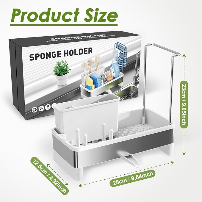 Ewaiira Stainless Steel Sink Caddy, Sponge Holder for Kitchen Sink 9.8″ | with Brush Holder & Dishcloth Rack, Rustproof Organizer Countertop, Soap Kitchen Organizers Storage Essentials, White