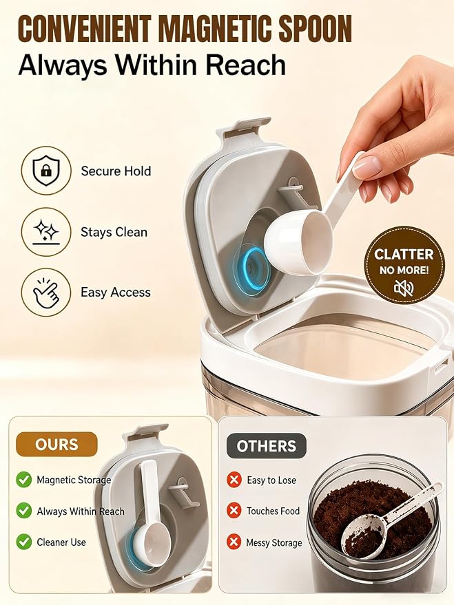 Lupow Airtight Coffee Canister with Magnetic Spoon, 0.8L BPA-Free Plastic Coffee Container for Ground Coffee & Beans, Dual Seal Locking Lid, Dark Brown Pantry Storage Jar