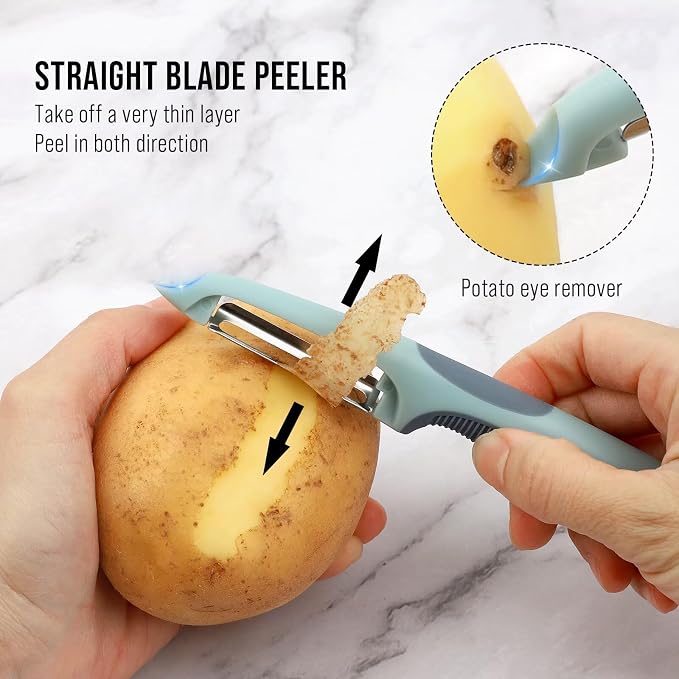 Julienne Peeler Vegetable Peeler with 4.8'' Long Silicone Handle | Non-slip grip & sharp blade; Y carrot shredder-for strips; Potato/serrated peeler-ordinary peeling/soft skin; 3 Pack; Blue