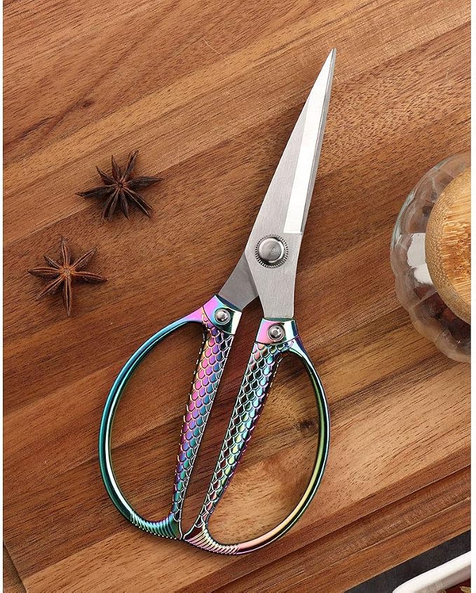 Jasni Fish pattern Powerful kitchen scissors professional Heavy Duty Multi-Purpose pretty Color rainbow Titanium Coating Forged Stainless Steel fish bones Shears Office Home scissors