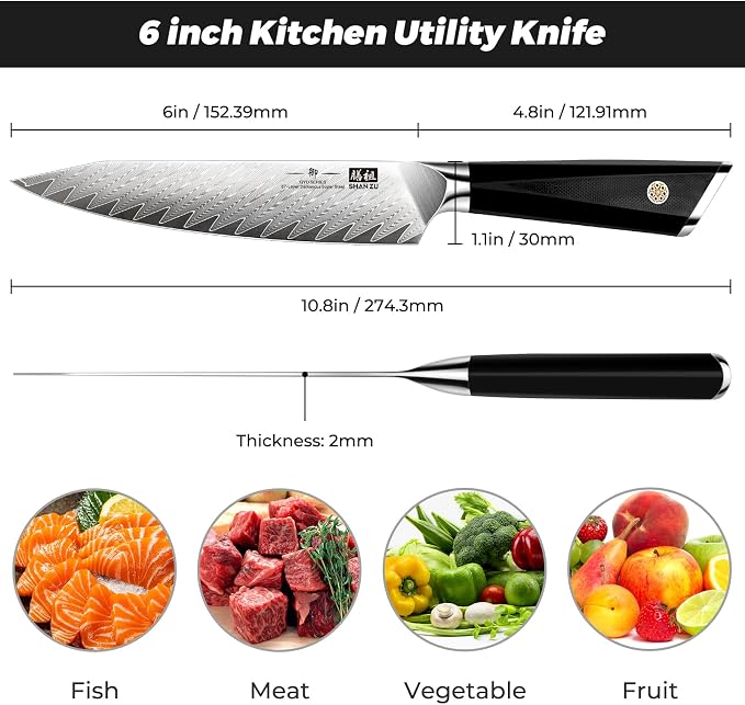 SHAN ZU Damascus Chef Knife 6 inch,67-Layer 10Cr15MoV Japanese Steel | High Carbon Super Sharp Japanese Chef Knife, All Purpose Professional Kitchen Utility Petty Knives with G10 Handle