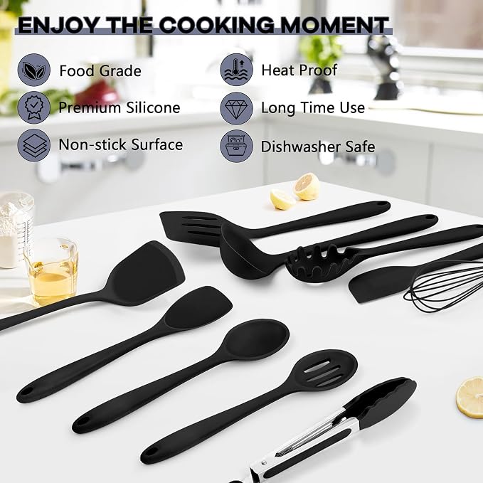 TeamFar Silicone Cooking Utensils, 10 pcs Kitchen Cooking Utensils Set | Heat Resistant Kitchen Gadgets Tools Set w/Spatula, Turners, Spoons, Soup Ladle, Pasta Server for Nonstick Cookware, Black