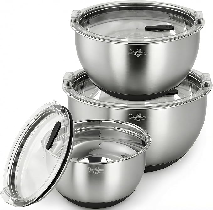 Mixing Bowls with Clear Airtight Lids, 3-Piece Stainless Steel Set, Black | Silicone Vent Plug, Secure Seal Design, 1.5/3/5 QT, Dishwasher-Safe Lids, Non-Slip Base, Measurement Marks, Nesting Design