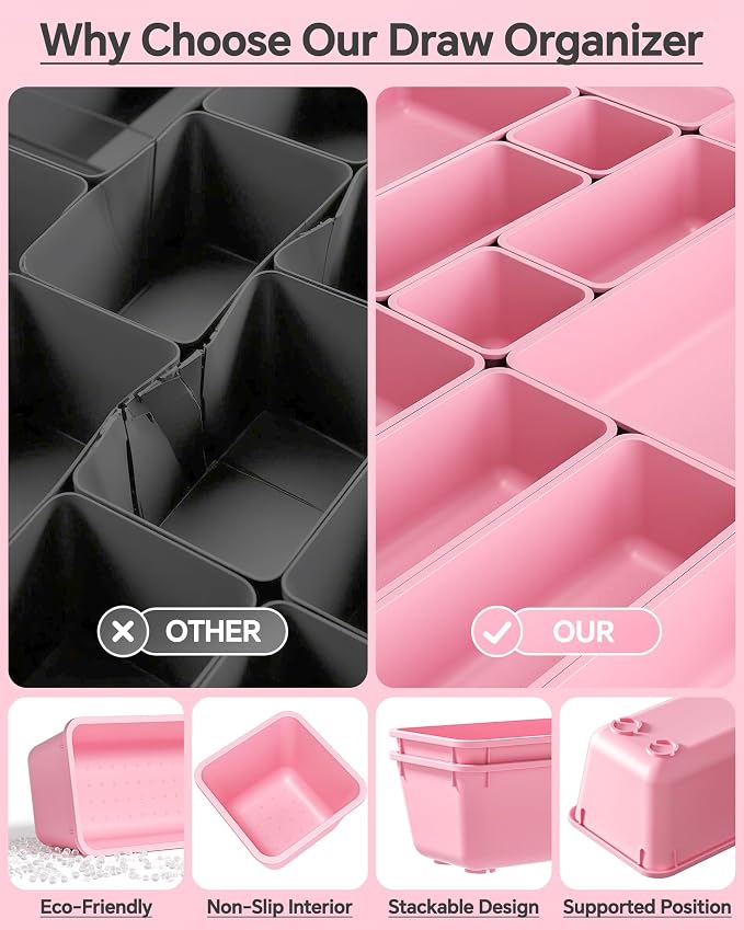 KEMETHY 25 PCS Plastic Drawer Organizers Set, 4 Sizes Vanity Organizer | Makeup and Desk Drawer Organizer Trays, Organization and Storage for Makeup, Bathroom, Kitchen Utensils and Office (Pink)