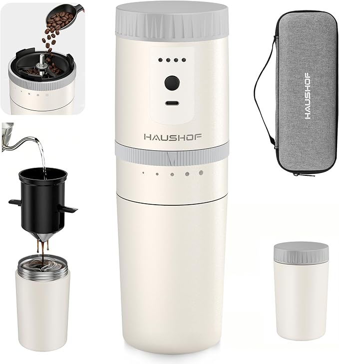 HAUSHOF Portable Coffee Maker for Travel, Rechargeable Electric Grinder | Collapsible Pour-Over Filter;5 Adjustable Grind Levels;Carry Bag for Easy Travel