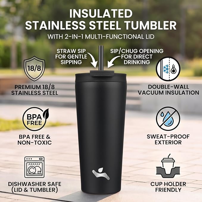 Konokyo 26 oz Insulated Tumbler Water Bottle with Straw Lid, Black | Stainless steel insulated tumbler for coffee, water and iced drinks; spill-proof lid, 2 straws, cup-holder friendly