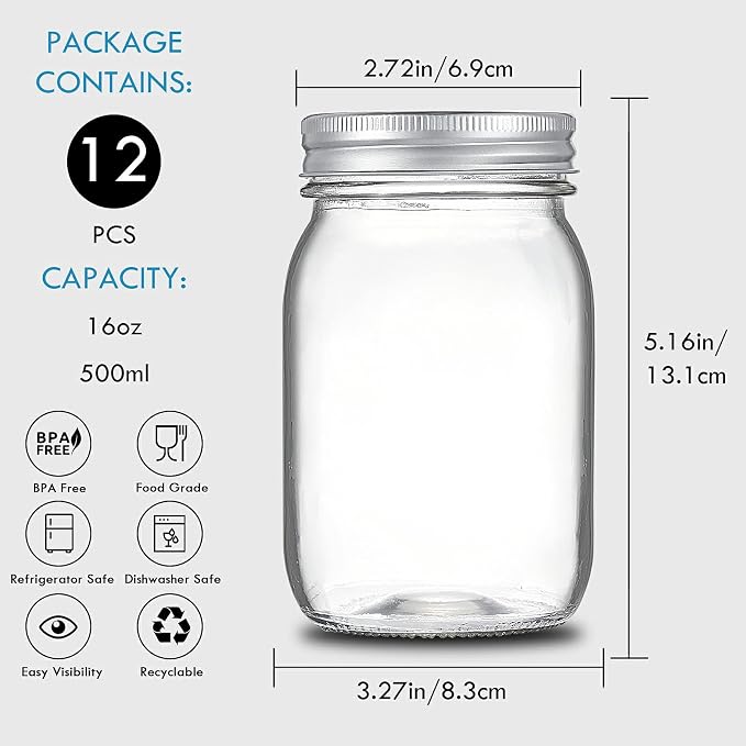YEBODA 16 oz Wide Mouth Mason Jars with Lids, Glass Canning Jars, 12 Pack | Clear glass quart jars with two-piece lids and bands for canning, pickling, meal prep, overnight oats, and pantry storage.