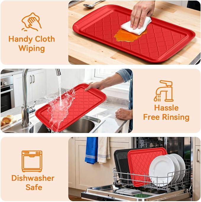 Grilling Prep & Serve Trays for Party Set of 6, Large BBQ Serving Platters | Dishwasher Safe Plastic Trays for Raw and Cooked Food 17"×10.5" Stackable Party Supplies for Grilling, Meal Prep, Red/Black