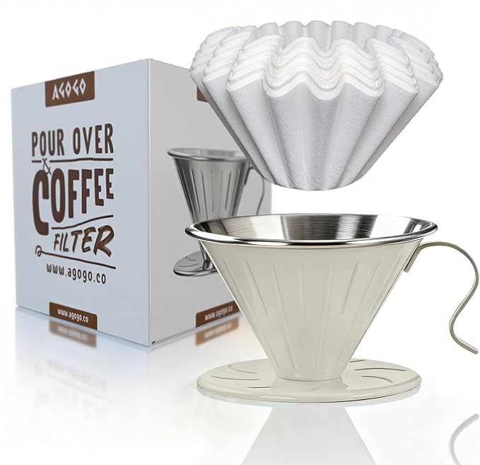 AGOGO Stainless Steel V60 Coffee Dripper & 50 Paper Filters, Cream | Unbreakable carafe for kitchen RV camp and office, includes barista towel, lead-free food grade 304 stainless steel