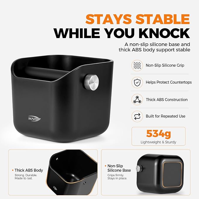 IKAPE Espresso Knock Box for Coffee Grounds, 1.5L Large Capacity Coffee Knock Box with Quiet Knock Bar, Detachable & Dishwasher Safe, Non-Slip Base for Home Espresso Bar