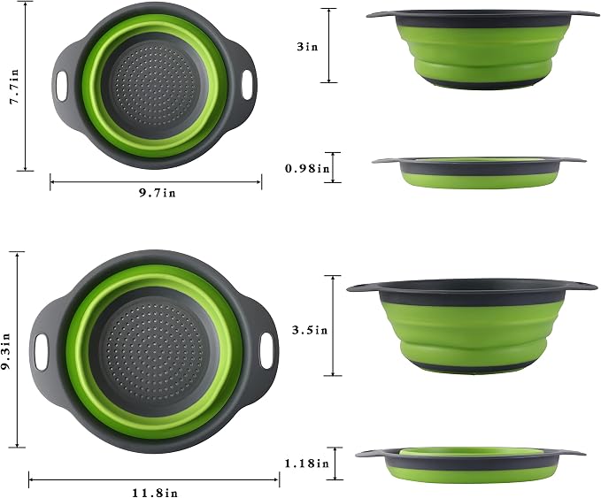 Collapsible Colander Set - 2 Pc Strainer Plus Food Grade Silicone Measuring Cups and Spoons - Pasta Strainer for Draining, Vegetables, Fruits 1 Medium 4-Quart & 1 Small 2-Quart - Home Essentials