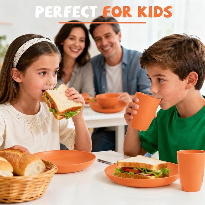 Kids Wheat Straw Dinnerware Sets for 4, 20 Piece Unbreakable Dinnerware Set, Plates and Bowls Sets, Kitchen Plates and Bowls Set, Lightweight Dish Set for Picnic, Camping, and Daily - Orange