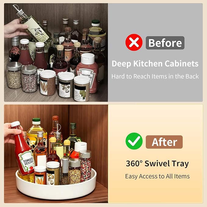 11.8" Lazy Susan Organizer for Cabinet, Turntable Spice Rack with Non-Slip Base & Raised Lip, Pantry Organization and Storage, Kitchen, Fridge, Makeup Vanity, Bathroom Countertop, Under Sink