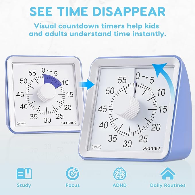 Secura Visual Timer for Kids, 60 Minute Classroom Countdown Timer for Study | Non-Ticking, Adjustable Alarm Volume/Duration, Low Power Reminder, Time Management Tool for ADHD (Purple & Purple)