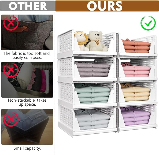SNSLXH 5 Pack Stackable Closet Organizer Box, Multifunctional & Foldable Closet Storage Basket for Bathroom Kitchen Laundry Room Wardrobe Storage, Space-Saving Clothes Storage Drawer Organizer, Pink | Stackable & Foldable Closet Storage Bins for Bathro...