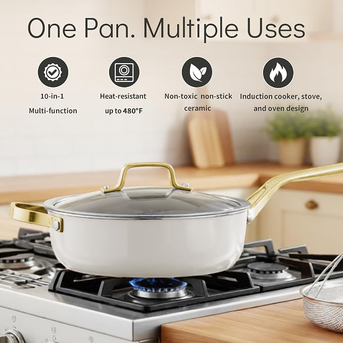 10-in-1 White Ceramic Nonstick Deep Saute Pan Set With Steamer & Lid, 4QT | 10''.PFAS-free frying pan.non-toxic.Induction ready. Oven safe to 480°F. Cool-touch handle. Dishwasher safe. Perfect for RVs!