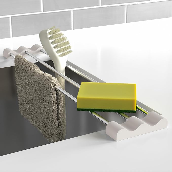 Tomorotec Adjustable Over-The-Sink Kitchen Rack, BPA-Free, White | Holds 16.5 Lbs; For Dishcloths, Sponges, and Brushes - Heat-Resistant Stainless Steel with Slim, Expandable Design
