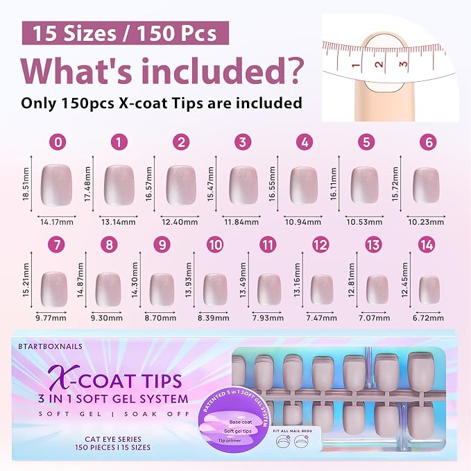 BTArtboxnails XCOATTIPS Cat Eye Press On Nails, Short Square, Falling Star | Lamp-Curable 4-Week Wear, Salon Quality Value at Home, Natural Nail Look, Easy-to-Apply for Beginners, 150ct Nail Tips Only