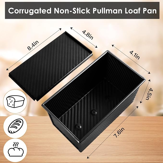 1lb Bread Pan with Dough Scraper Cutter, 8.4 X4.8inch Black Bread Loaf Pan, Rectangular Covered Metal Pullman Loaf Pan with Lid for Homemade Sandwich Bread